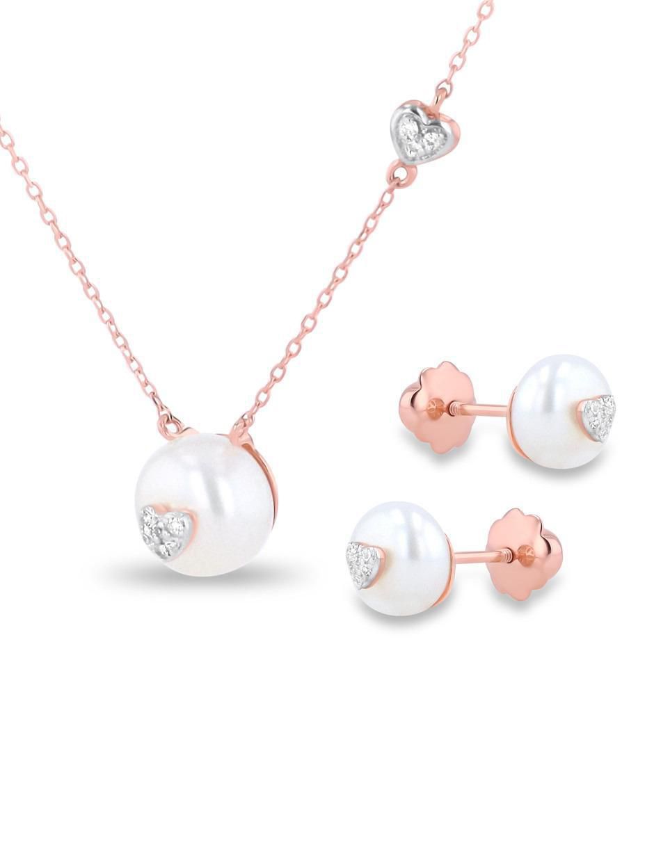Aretes y collar de corazón de oro rosa 14 K diamante 2