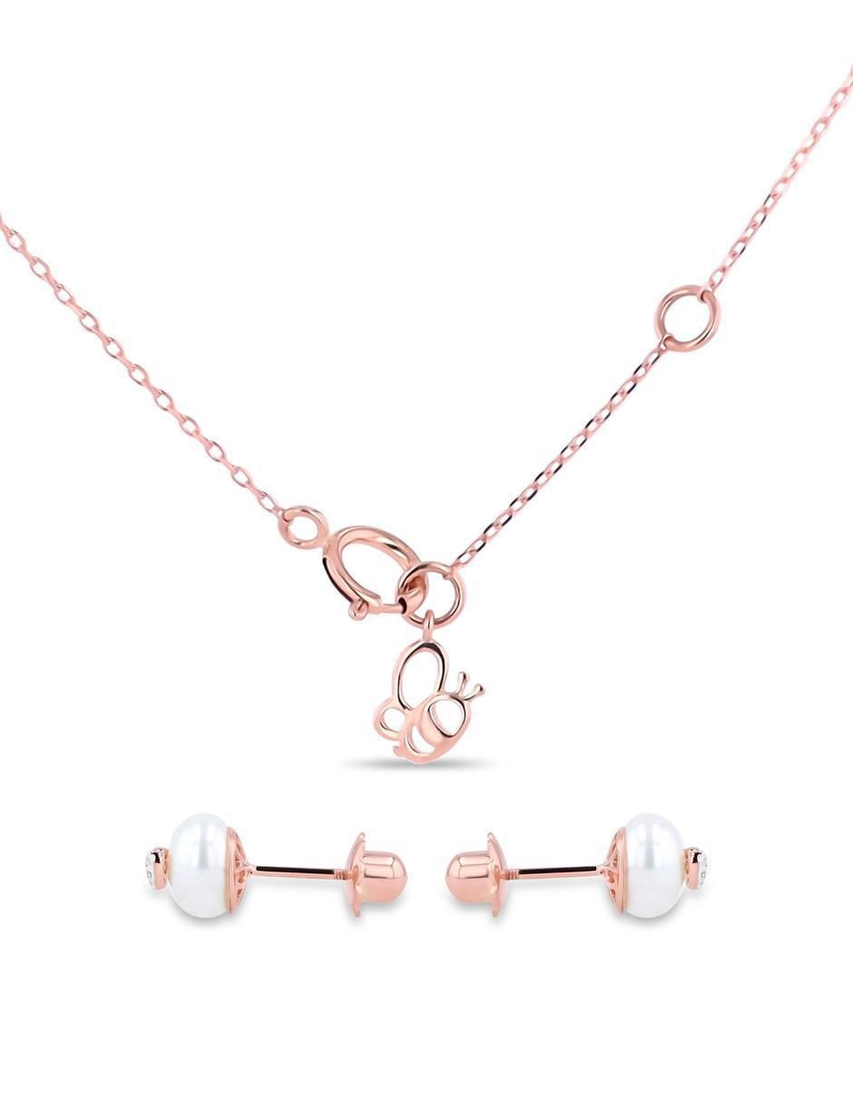 Aretes y collar de corazón de oro rosa 14 K diamante 3