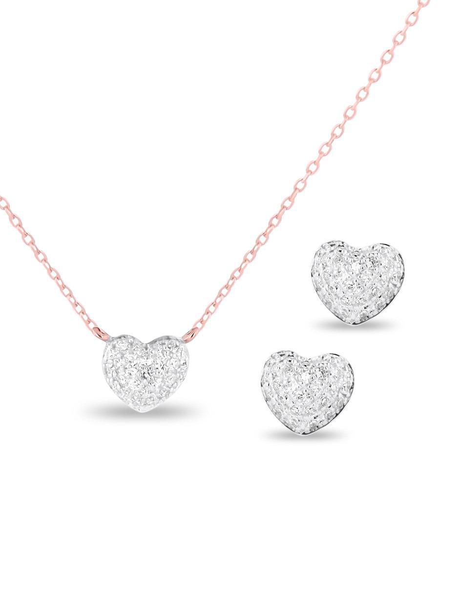 Aretes y collar de corazón de oro rosa 14 K diamante