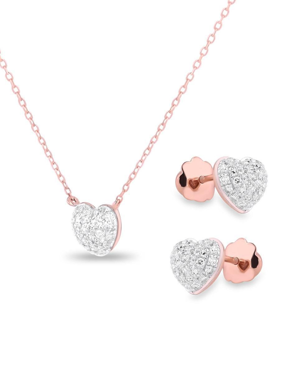 Aretes y collar de corazón de oro rosa 14 K diamante 2