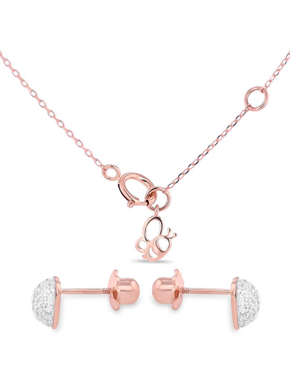 Aretes y collar de corazón de oro rosa 14 K diamante 3