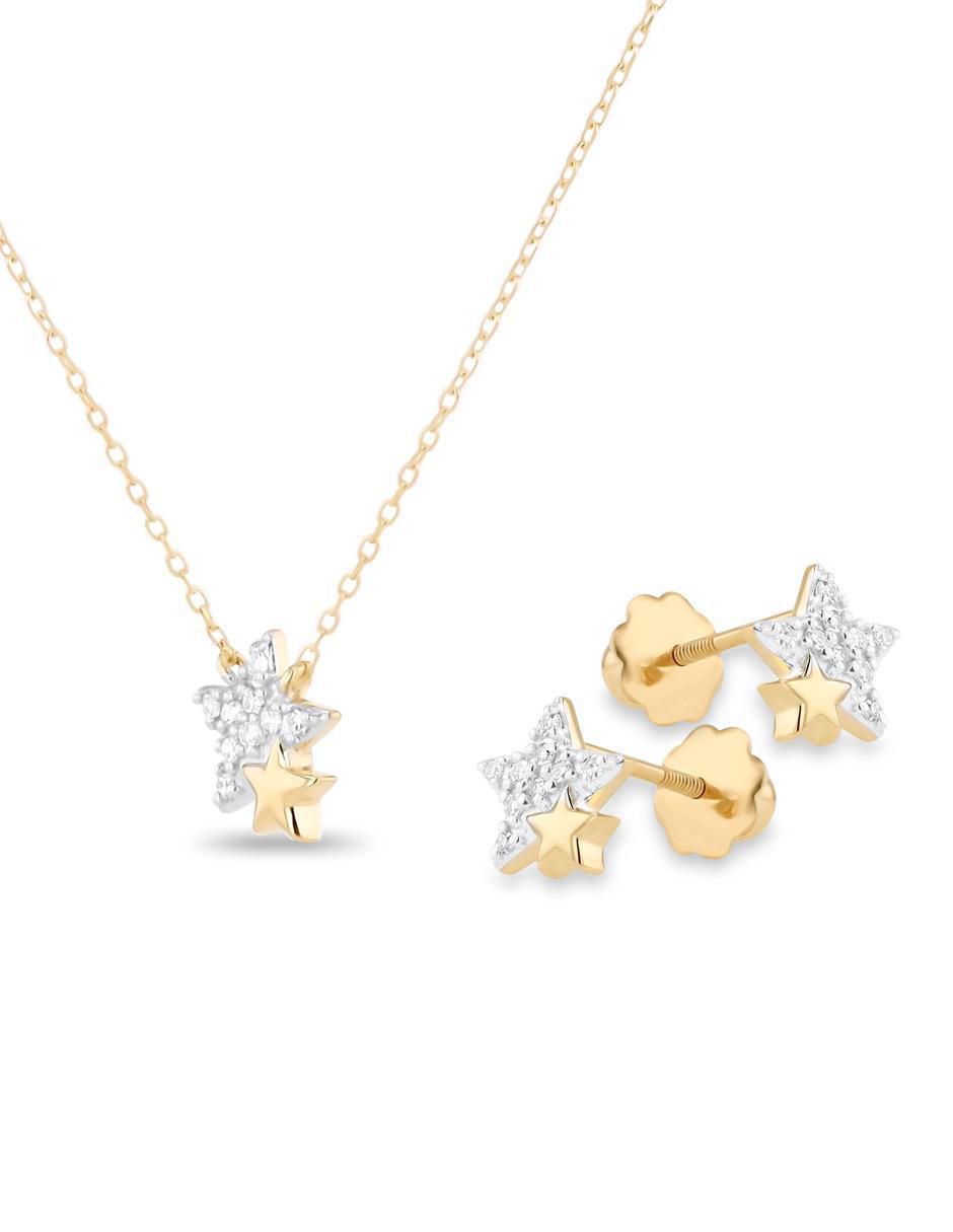 Aretes y collar de estrella de oro amarillo 14 K diamante