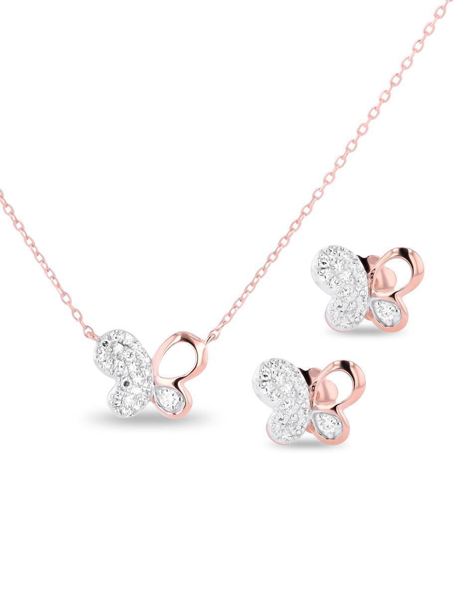 Aretes y collar de mariposa de oro rosa 14 K diamante