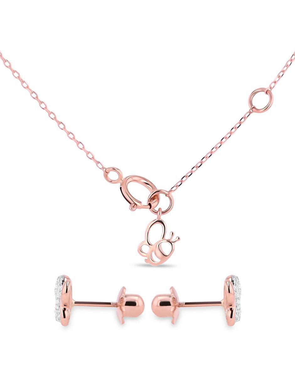 Aretes y collar de mariposa de oro rosa 14 K diamante 3