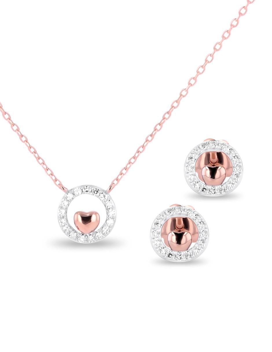 Aretes y collar de corazón de oro rosa 14 K diamante