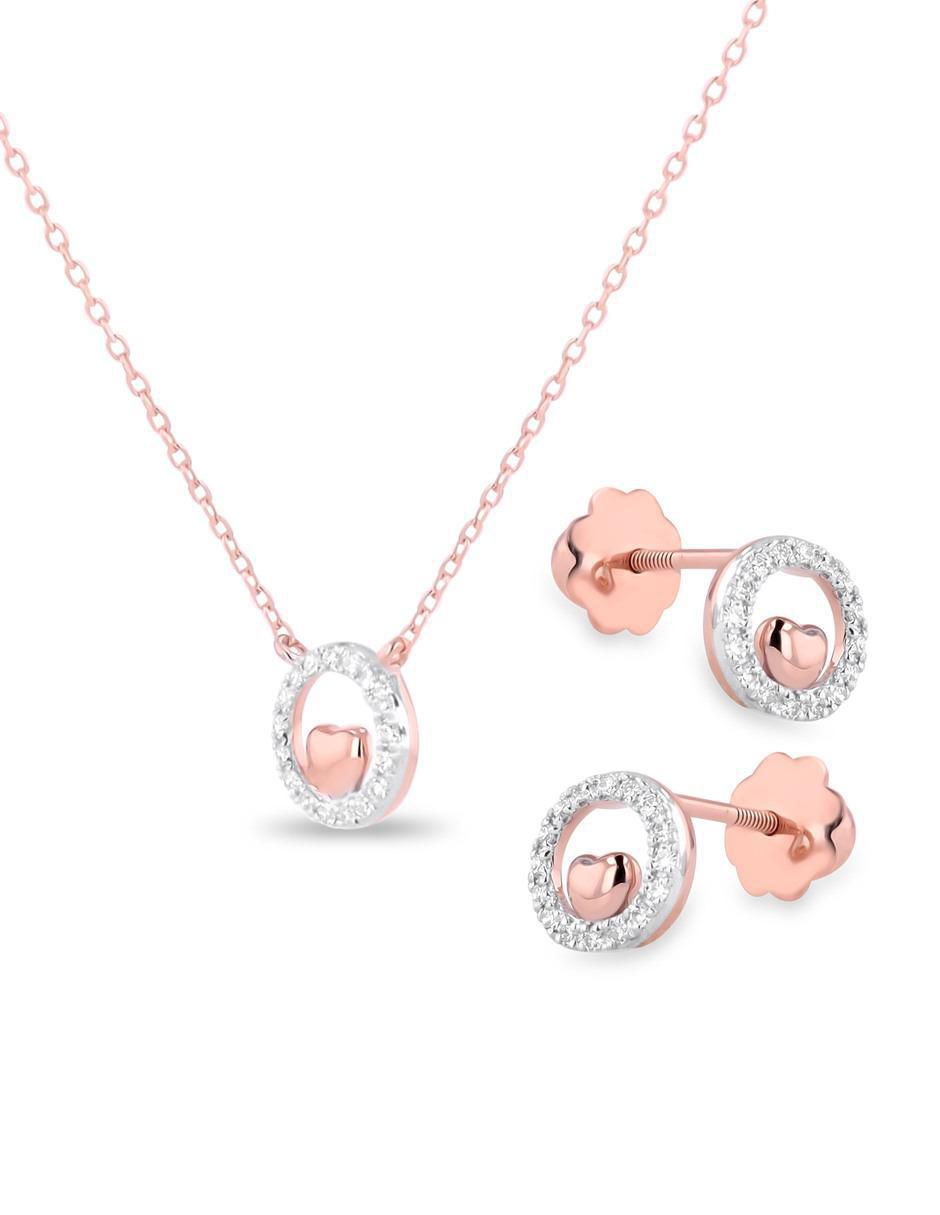 Aretes y collar de corazón de oro rosa 14 K diamante 2