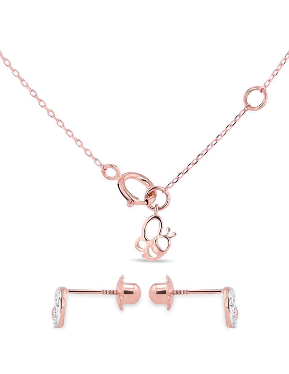 Aretes y collar de corazón de oro rosa 14 K diamante 3