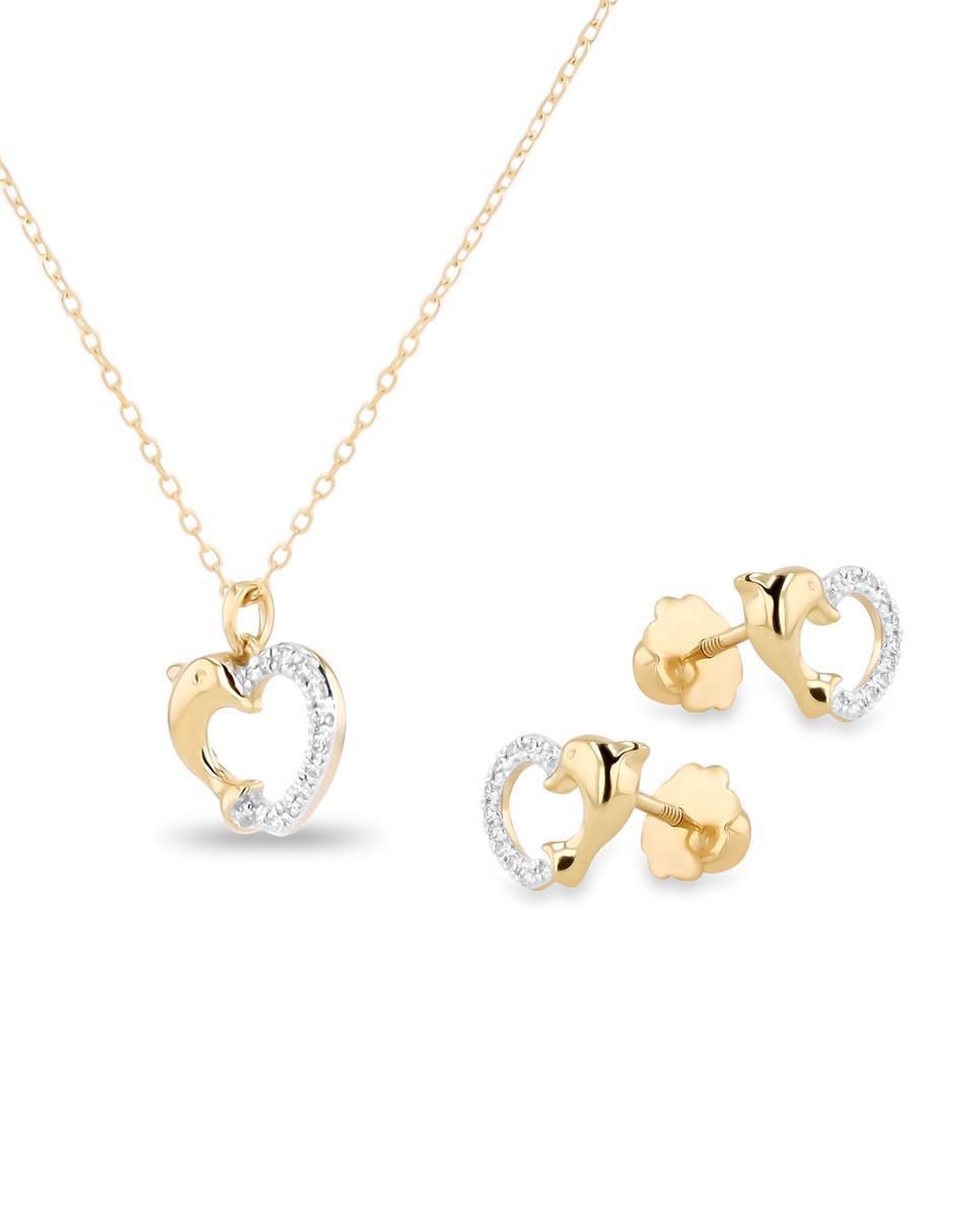 Aretes y collar de corazón de oro amarillo 14 K diamante 2