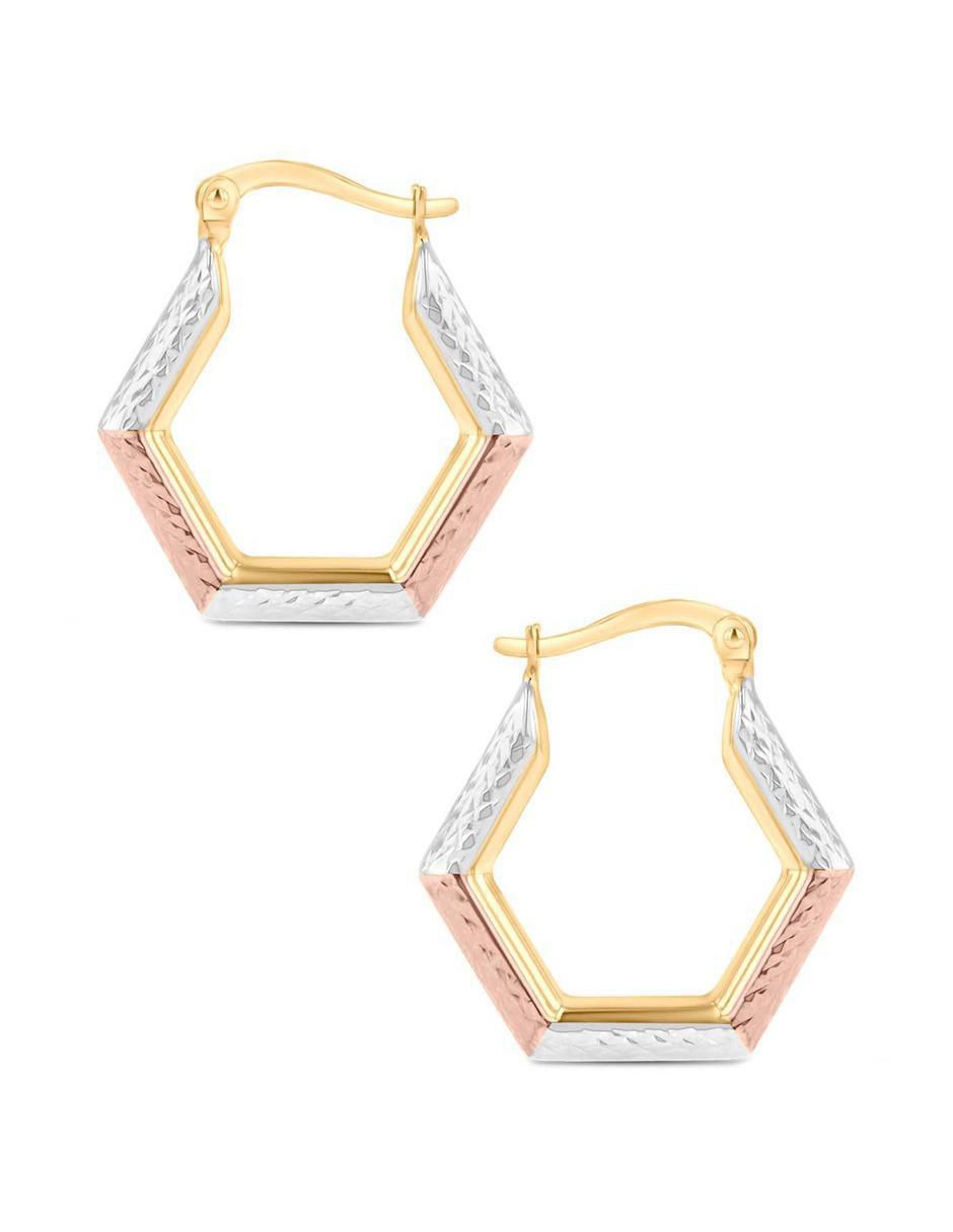 Arracadas de hexagonal de oro florentino 14 k con acabado brillante 3