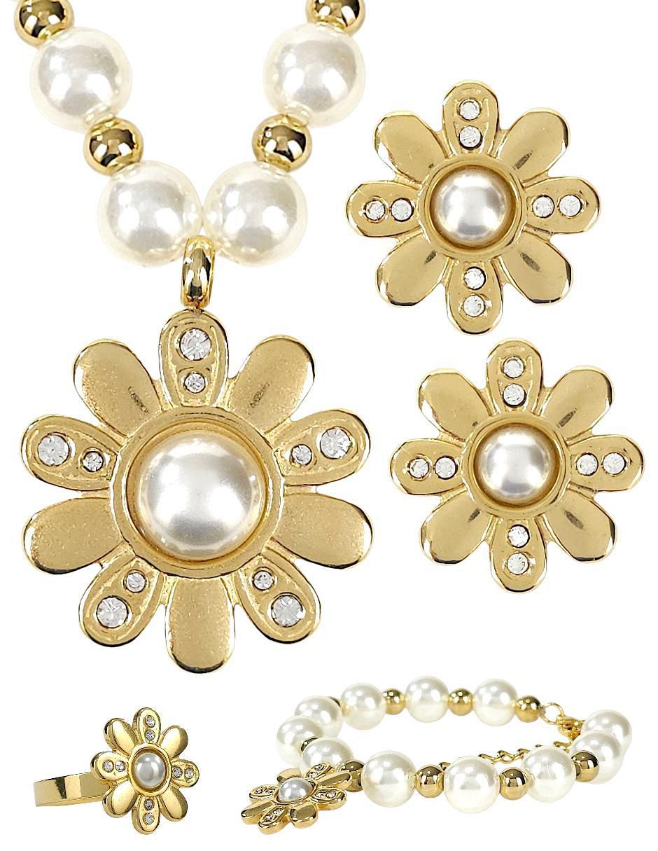 Collar, pulsera, anillo y aretes de flor perla de cristal