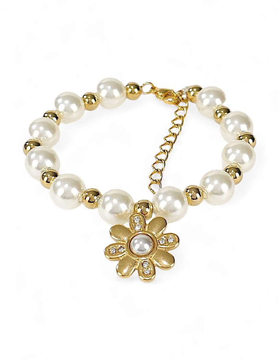 Collar, pulsera, anillo y aretes de flor perla de cristal 4