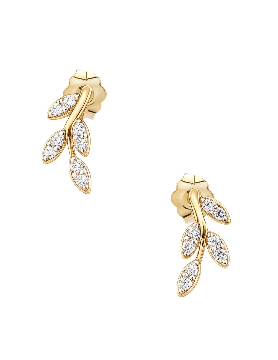Aretes cortos de hoja de oro amarillo 14 K con acabado pavé diamante Aretes cortos de hoja de oro amarillo 14 K con acabado pavé diamante