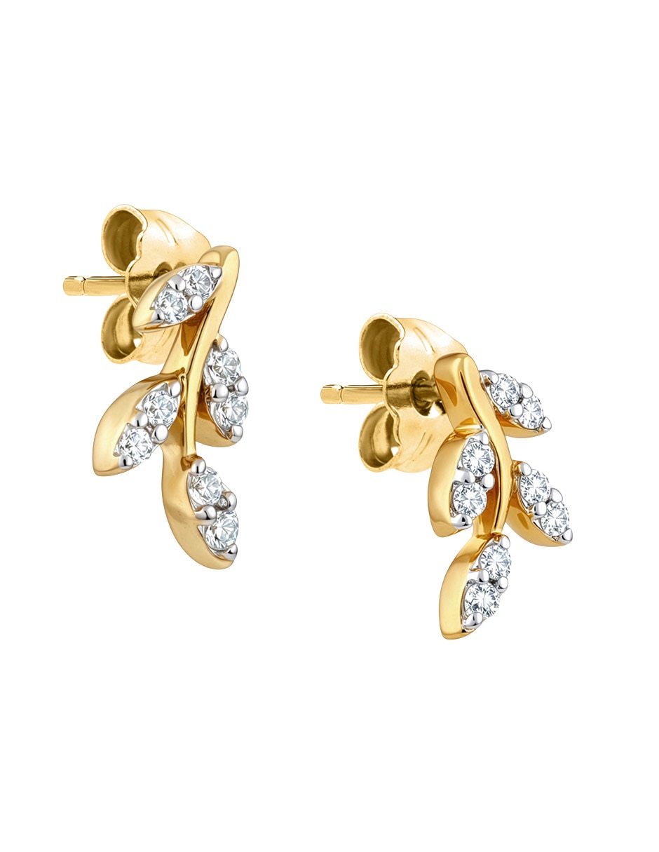 Aretes cortos de hoja de oro amarillo 14 K con acabado pavé diamante 2