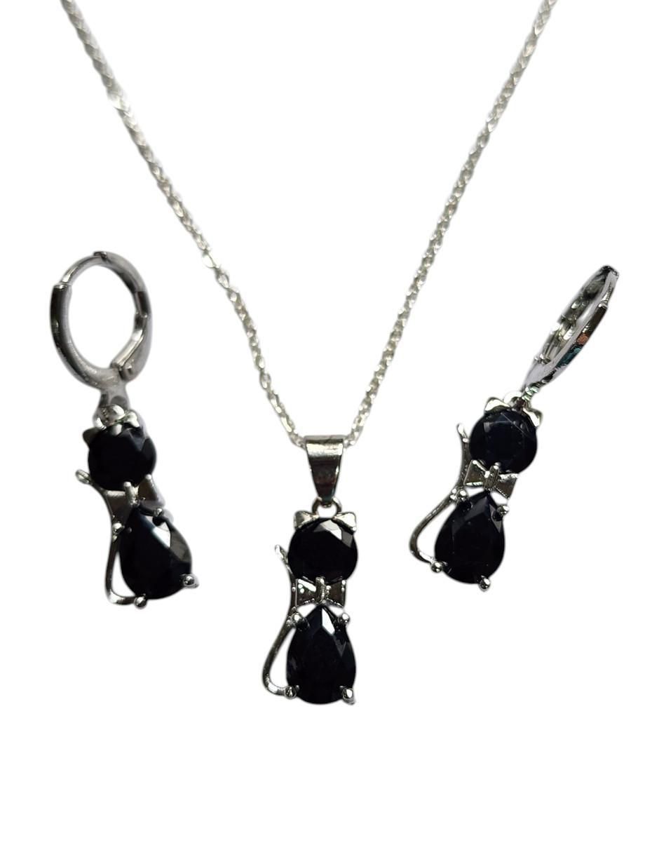 Aretes y collar de gato de plata P 925 zirconia 4