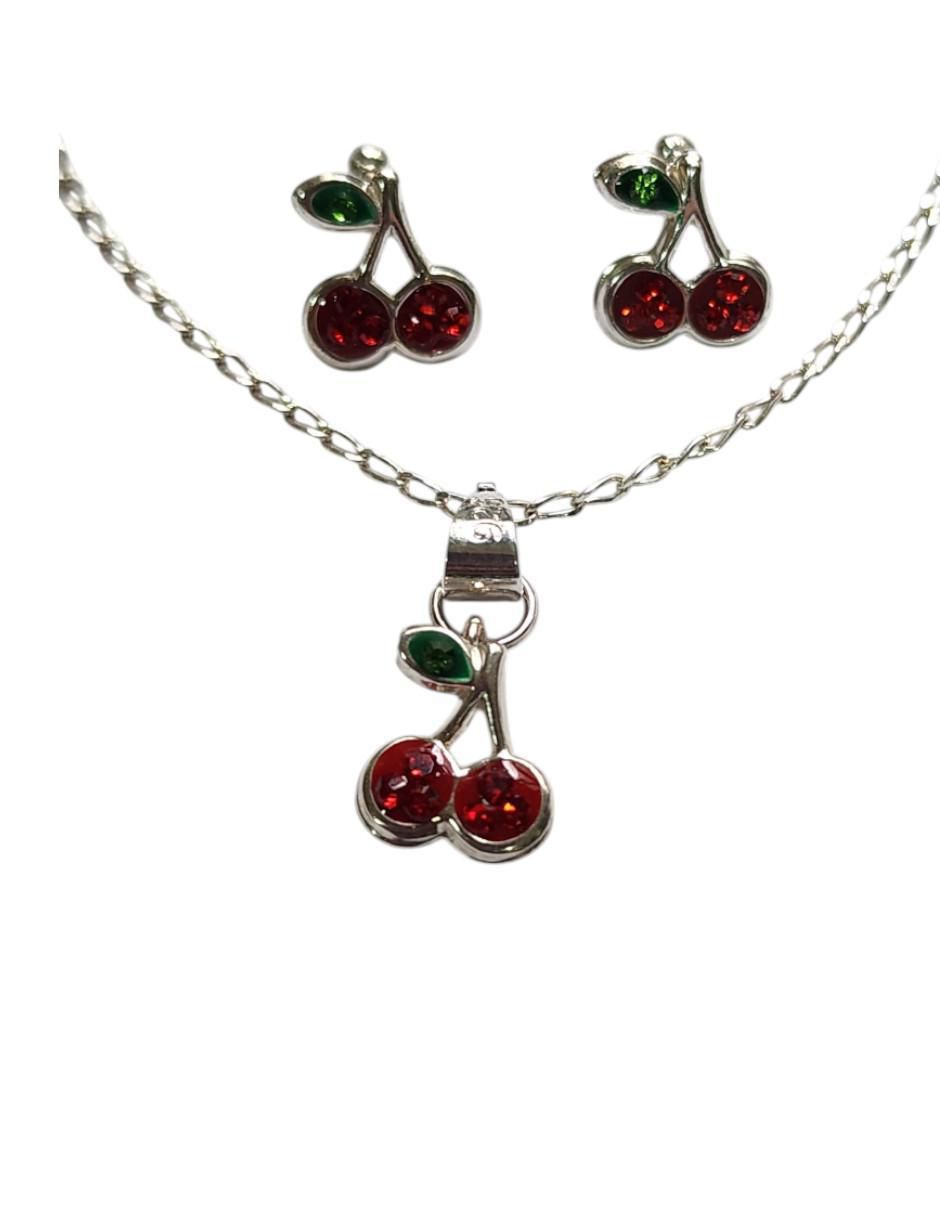 Aretes y pulsera Cerezas de plata P 925 zirconia 4