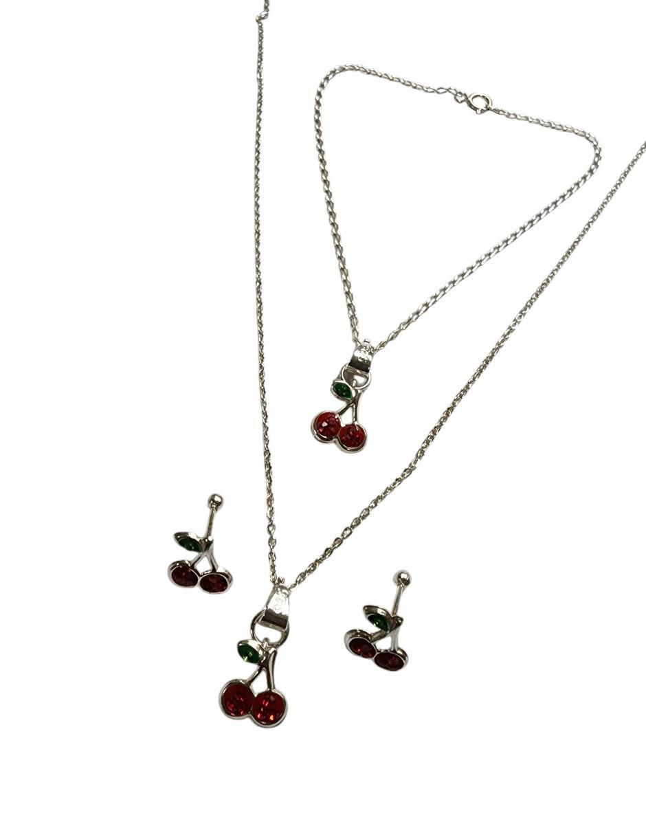 Aretes, collar y pulsera Cerezas de plata P 925 zirconia 2