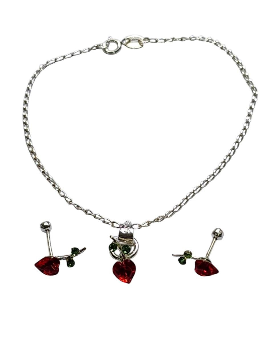 Aretes y pulsera de corazón Cerezas de plata P 925 zirconia Aretes y pulsera de corazón Cerezas de plata P 925 zirconia