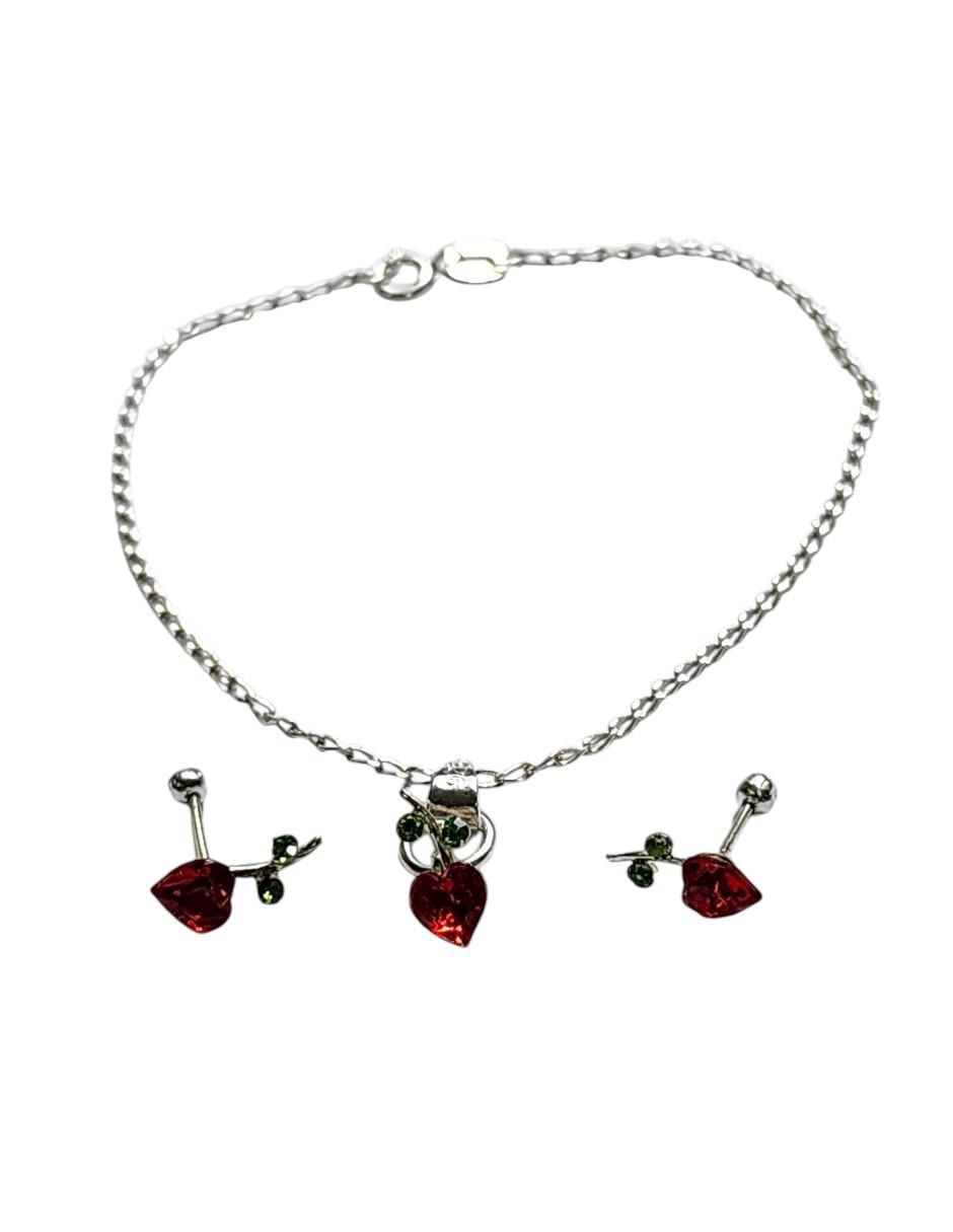 Aretes y pulsera de corazón Cerezas de plata P 925 zirconia 2
