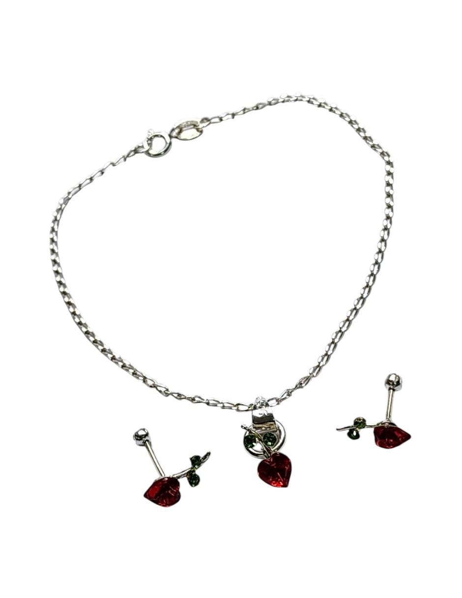 Aretes y pulsera de corazón Cerezas de plata P 925 zirconia 3