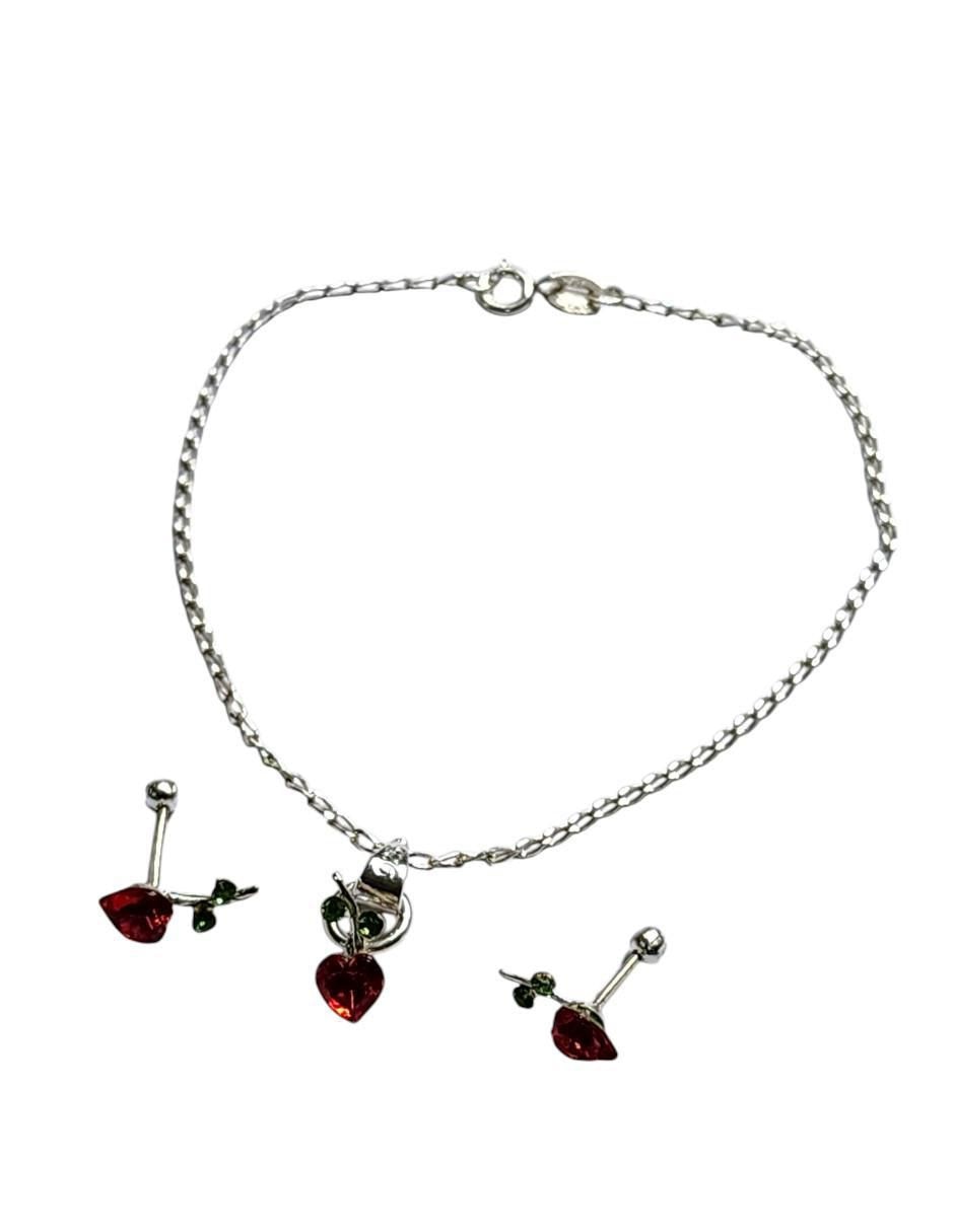 Aretes y pulsera de corazón Cerezas de plata P 925 zirconia 4