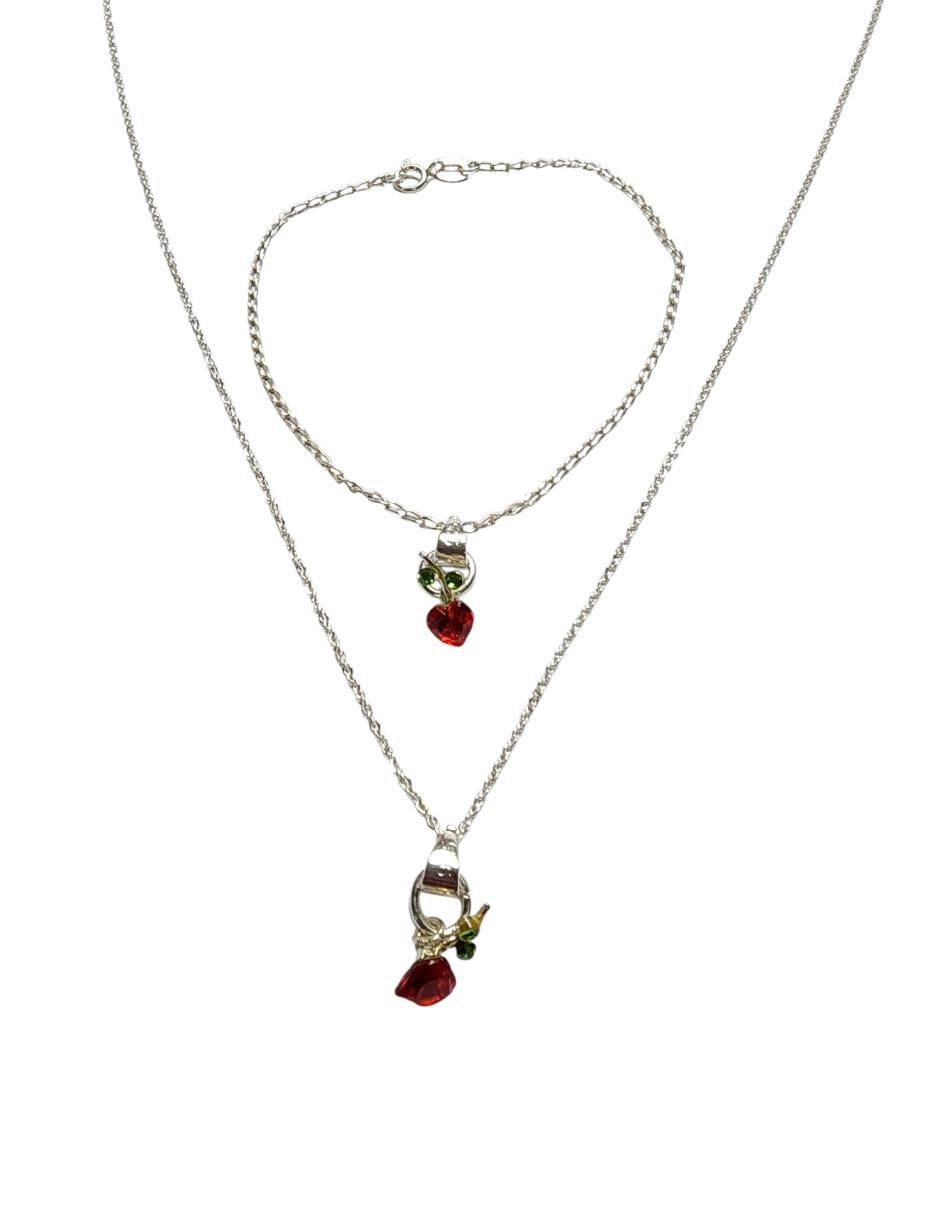 Collar y pulsera de corazón Cerezas de plata 925 zirconia