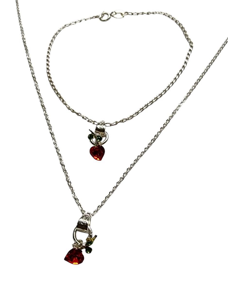 Collar y pulsera de corazón Cerezas de plata  925 zirconia 4