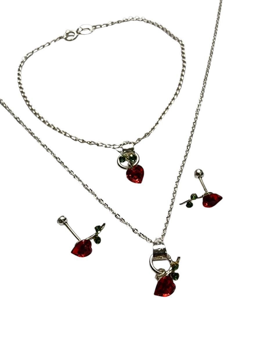 Aretes, collar y pulsera de corazón Cerezas de plata P 925 zirconia 5