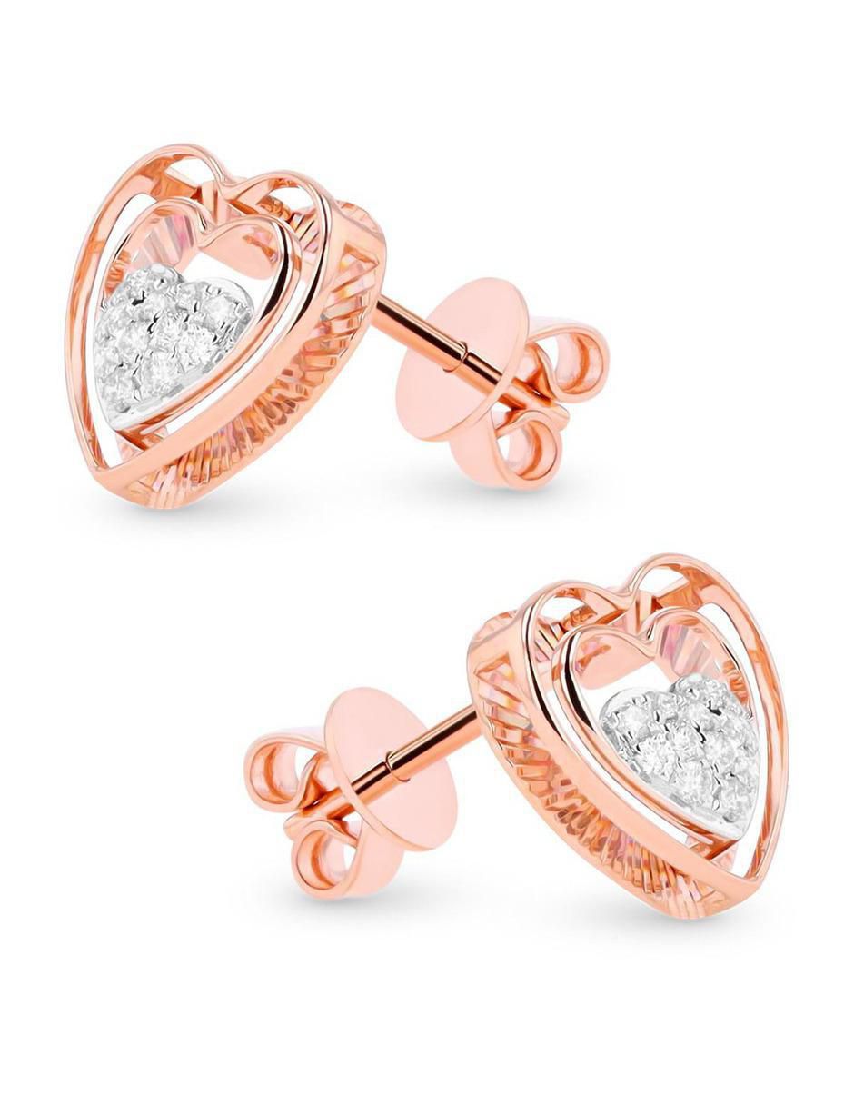 Broqueles de corazón de oro rosa 14 K con acabado brillante diamante 2