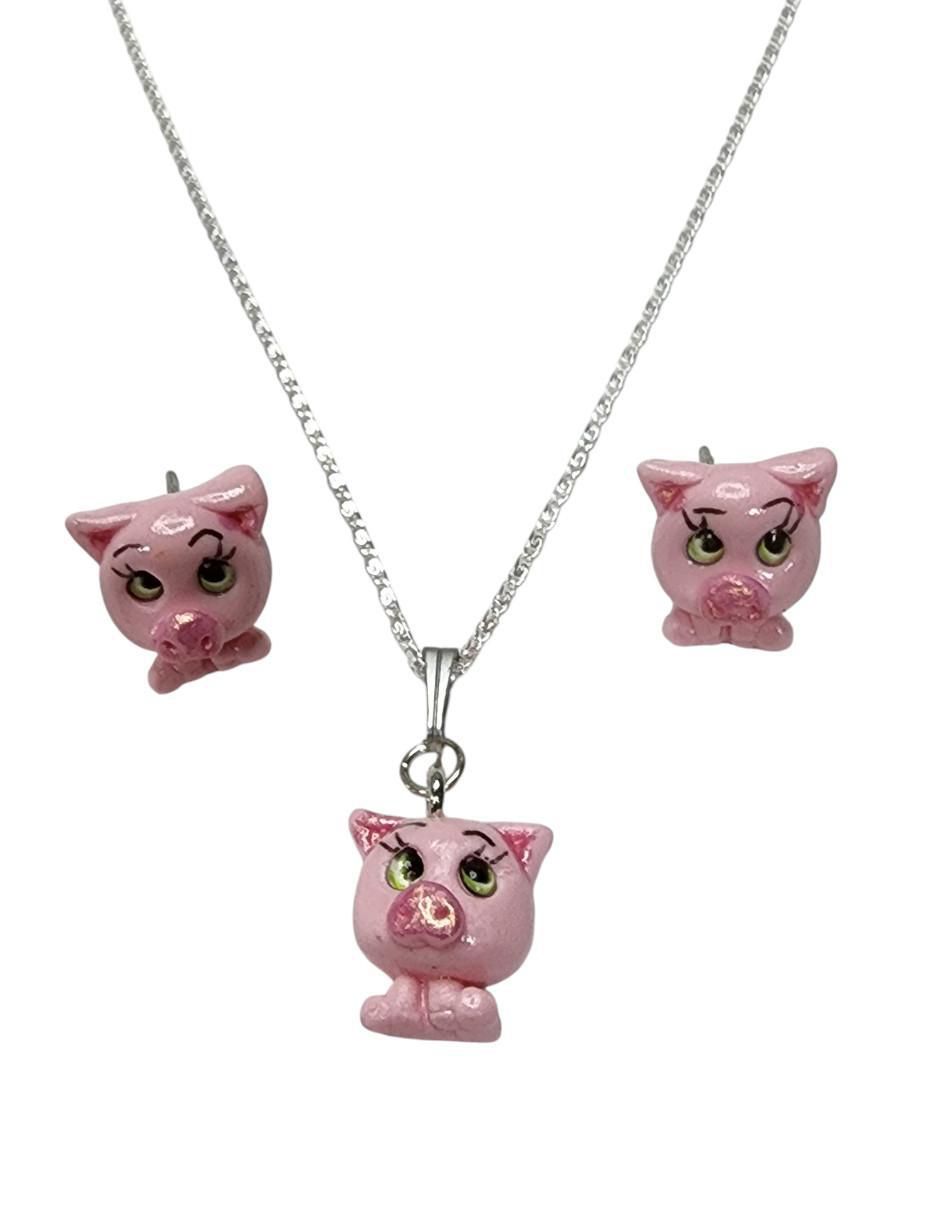 Aretes y collar de cerdo Puerquito de plata P 925