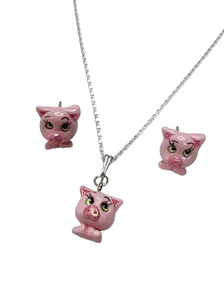 Aretes y collar de cerdo Puerquito de plata P 925 2