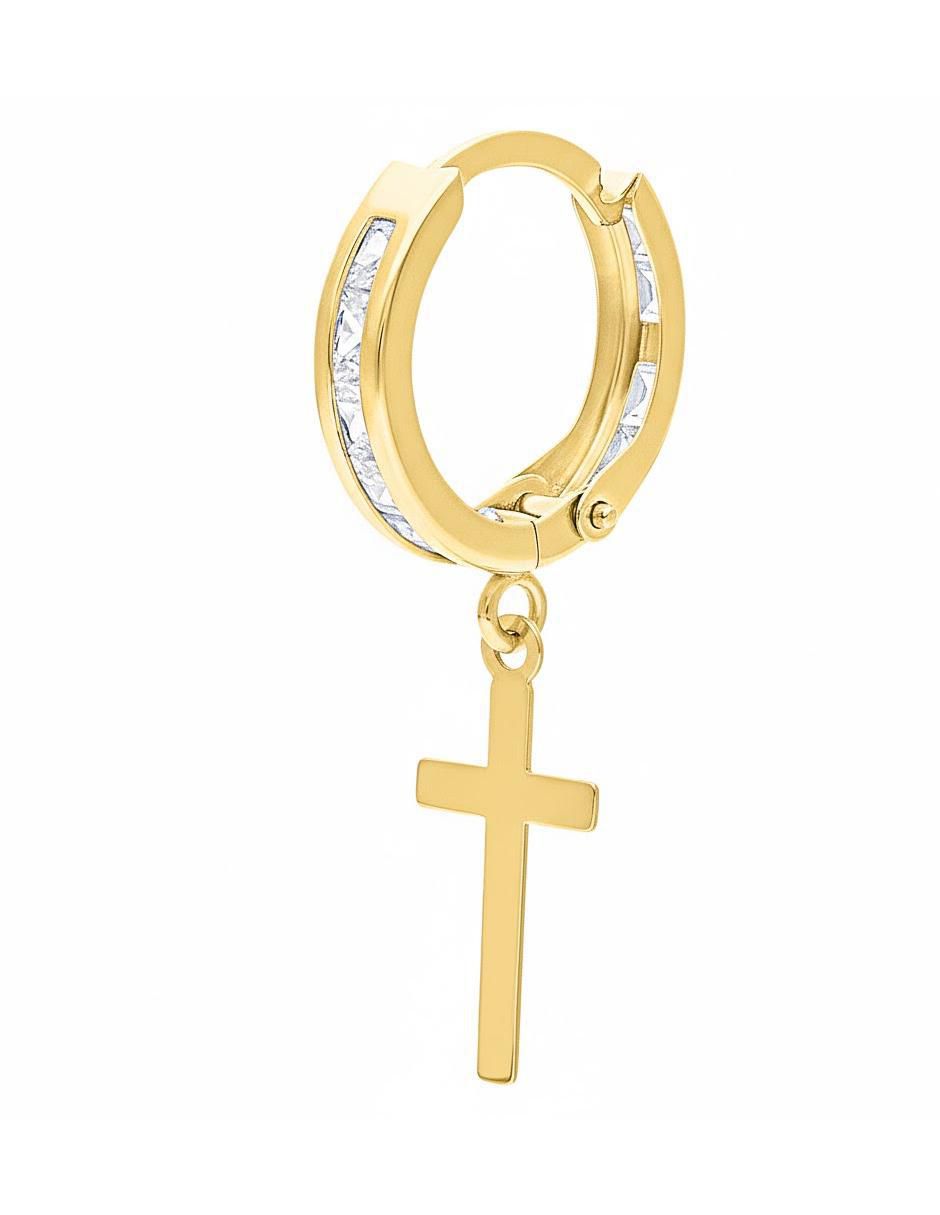 Huggie individual de cruz de oro 10 K con acabado brillante zirconia