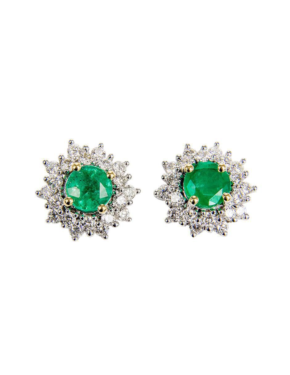Aretes cortos de sol de oro 14 K con acabado texturizado esmeralda y diamante Aretes cortos de sol de oro 14 K con acabado texturizado esmeralda y diamante