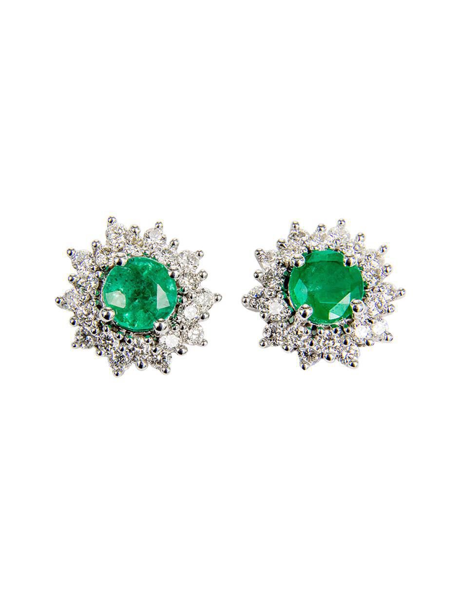 Aretes cortos de sol de oro 14 K con acabado texturizado esmeralda y diamante
