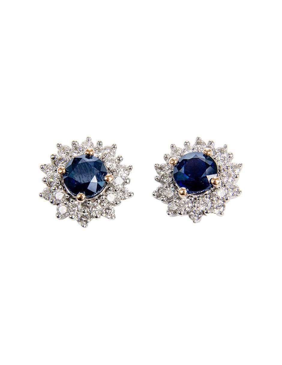 Aretes cortos de sol de oro 14 K con acabado texturizado zafiro y diamante Aretes cortos de sol de oro 14 K con acabado texturizado zafiro y diamante