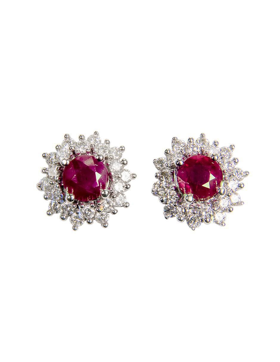 Aretes cortos de sol de oro 14 K con acabado texturizado rubí y diamante