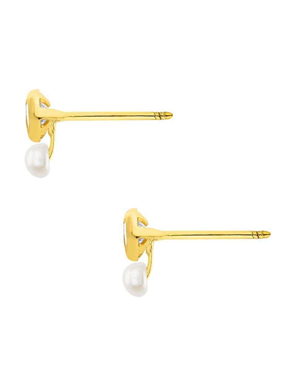 Broqueles de oro amarillo 14 k con acabado pulido perla con zirconia 2