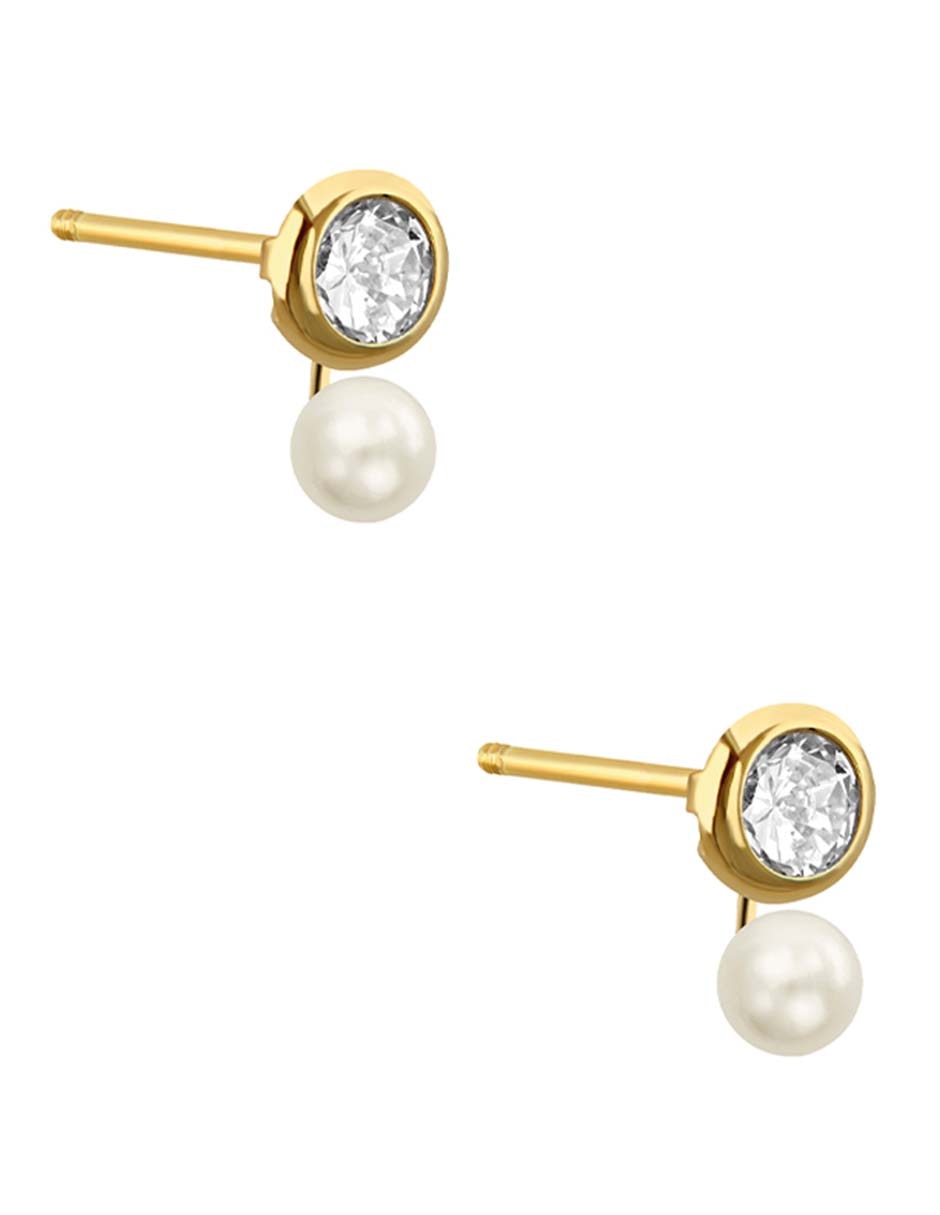 Broqueles de oro amarillo 14 k con acabado pulido perla con zirconia 3