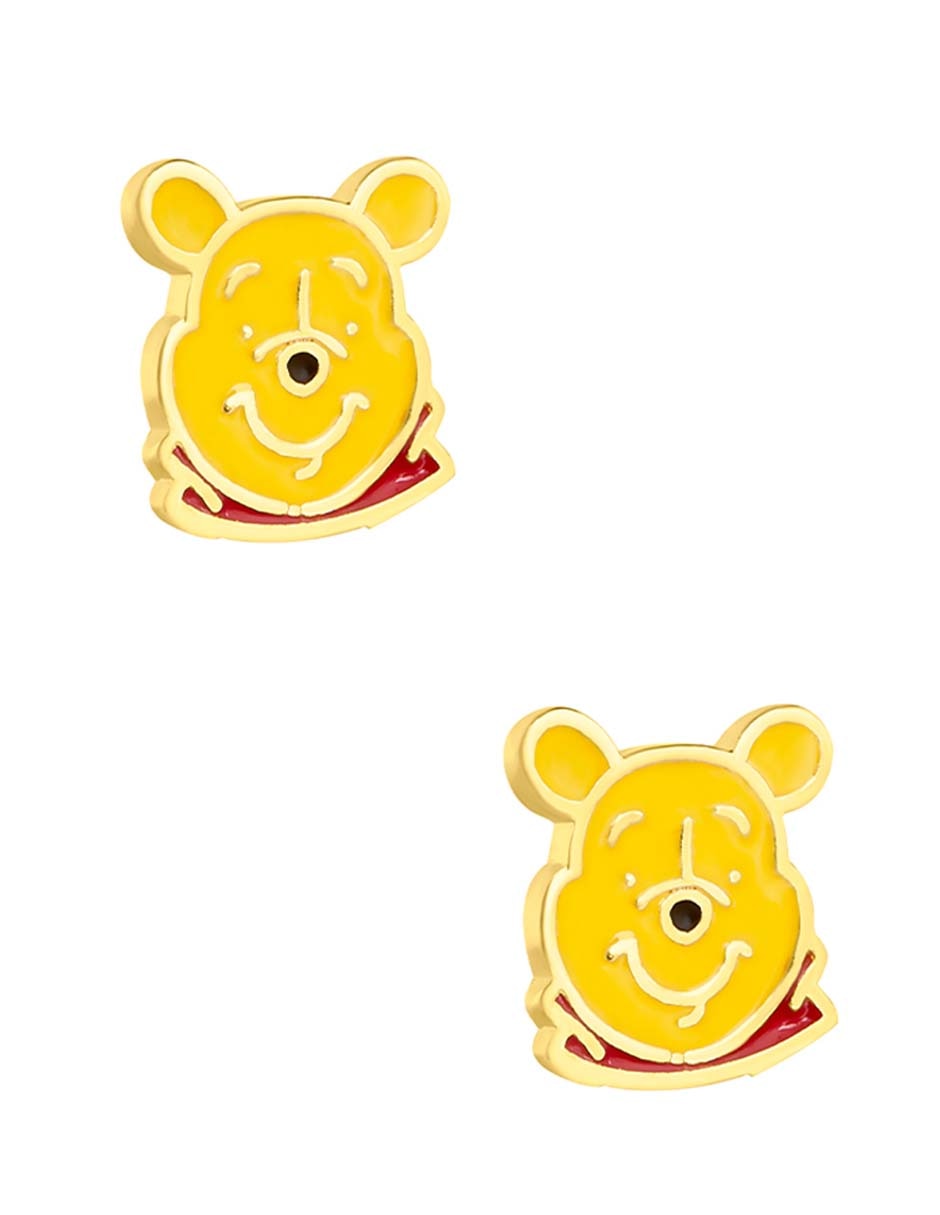 Broqueles Winnie Pooh de oro amarillo 14 k con acabado esmaltado