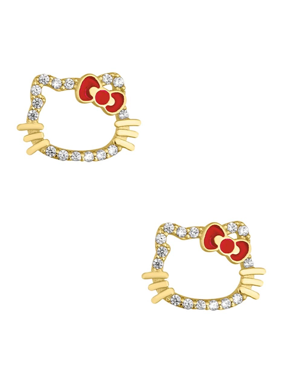Broqueles de gato Hello Kitty de oro amarillo 14 k con acabado pavé zirconia
