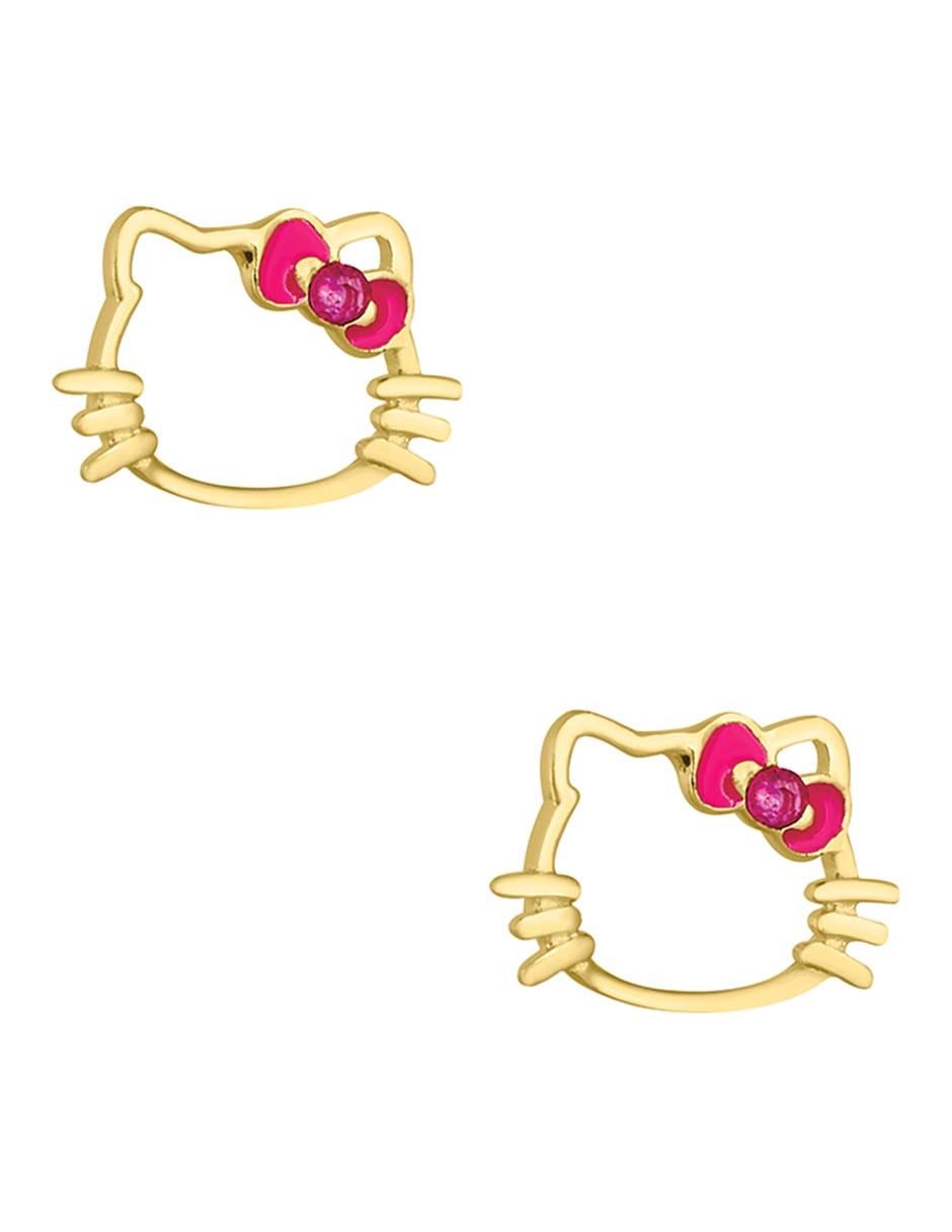 Broqueles de gato Hello Kitty de oro amarillo 14 k con acabado pulido zirconia Broqueles de gato Hello Kitty de oro amarillo 14 k con acabado pulido zirconia
