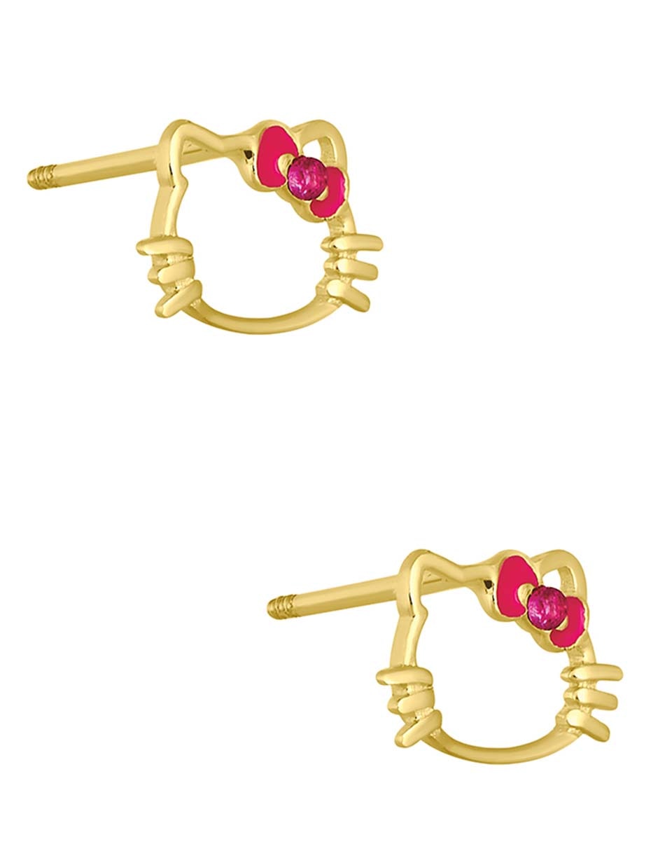 Broqueles de gato Hello Kitty de oro amarillo 14 k con acabado pulido zirconia 2
