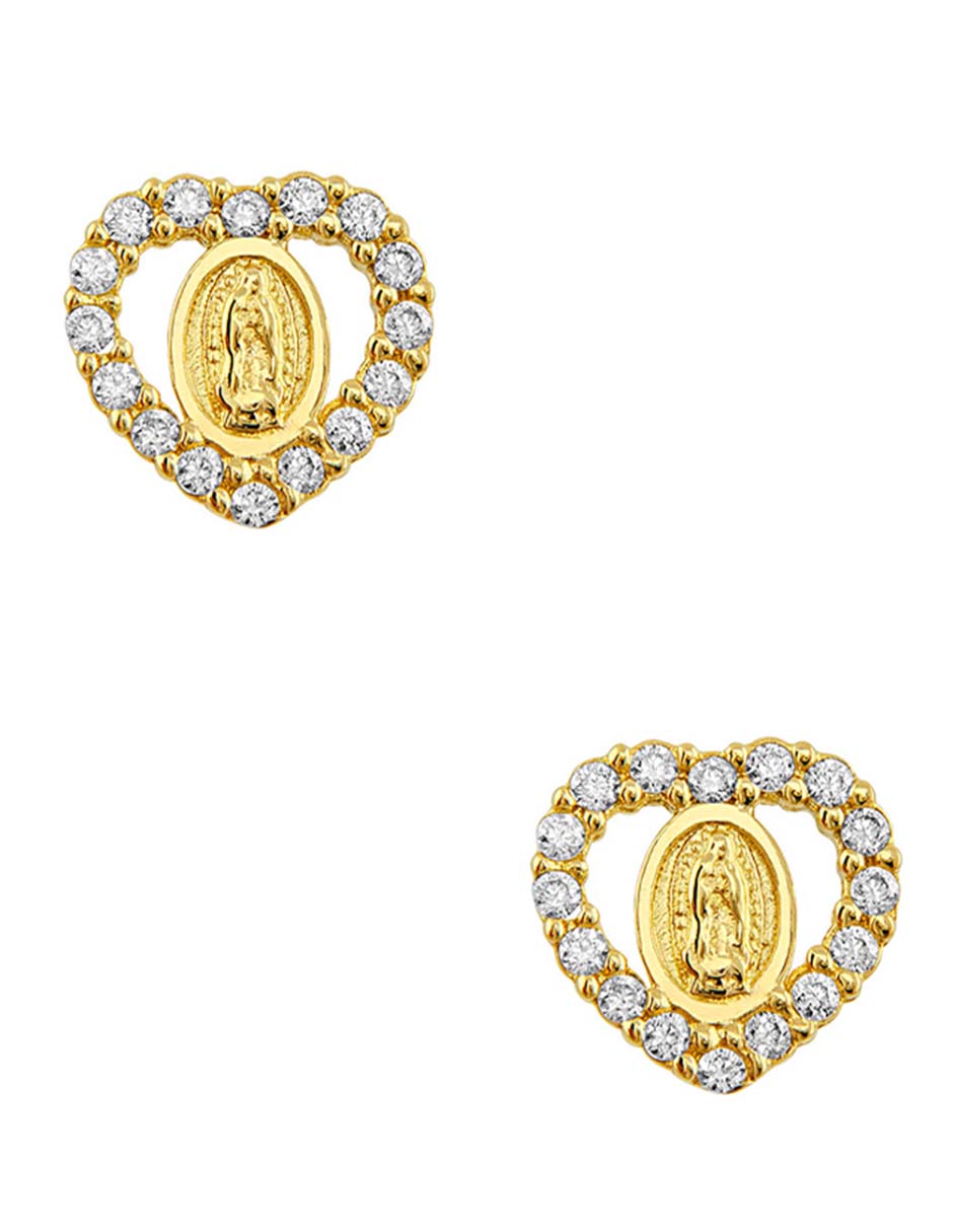 Broqueles de corazón de oro amarillo 14 k con acabado pulido zirconia