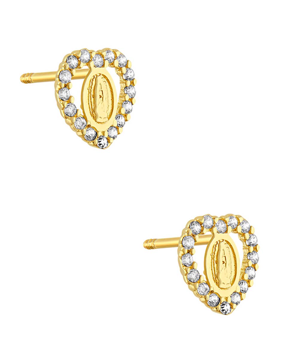 Broqueles de corazón de oro amarillo 14 k con acabado pulido zirconia 3