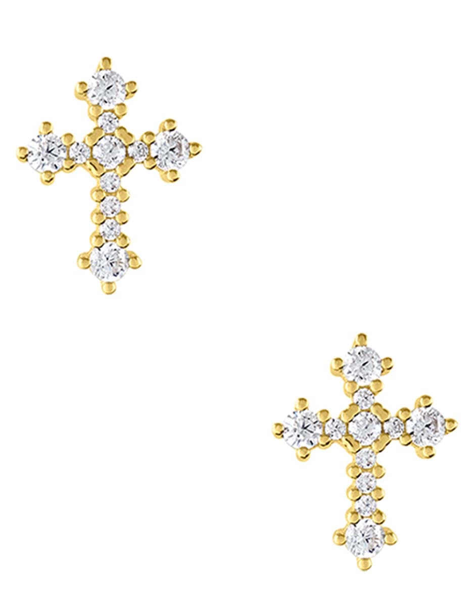 Broqueles de cruz de oro amarillo 14 k con acabado pulido zirconia