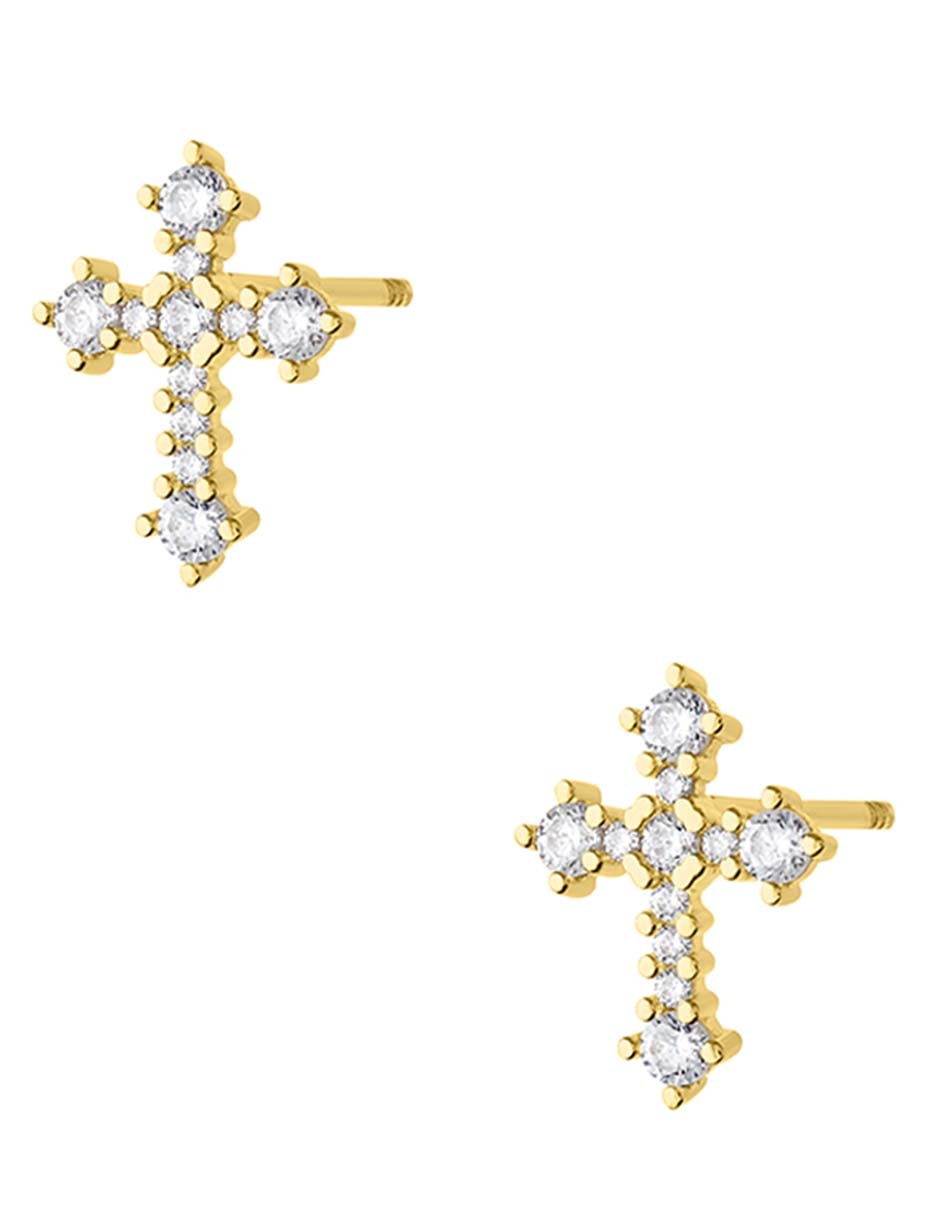 Broqueles de cruz de oro amarillo 14 k con acabado pulido zirconia 2